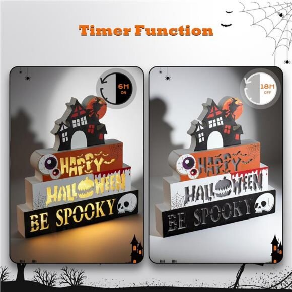 Halloween Decorations Indoor 9.4" 4-Tier Wooden Block Set with Glowing 3D - Picture 5 of 8